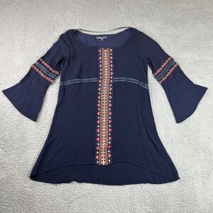 Miss Me Dress Womens Medium Navy Tunic Boho Embroidered Boat Neck Aztec Print‎